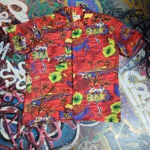 Vintage 90s Waikiki Holiday Hawaiin shirt L red  w hula dancers, made in Korea
